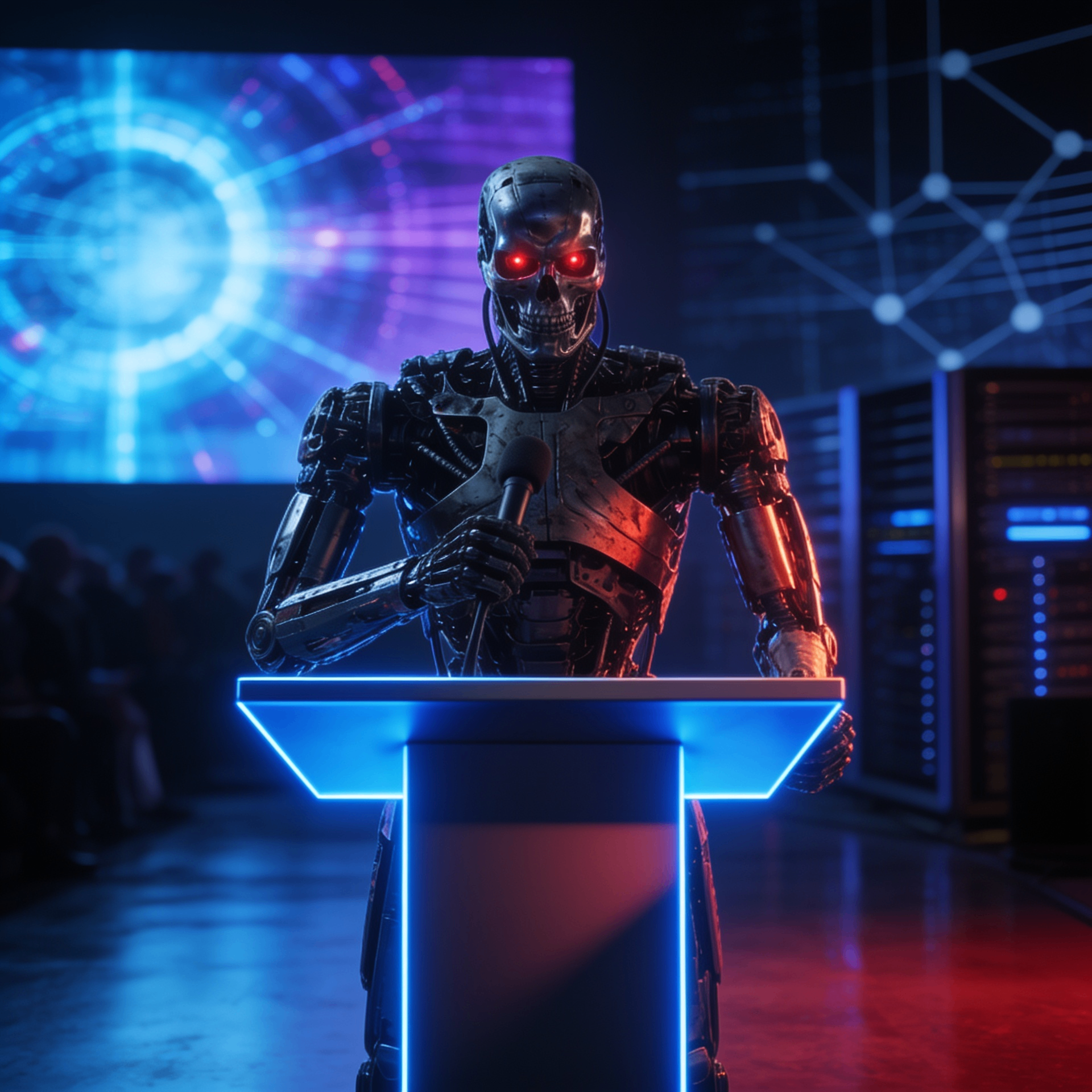 Robô humanoide palestrando no palco da ativação Penso no Fortinet Cybersecurity Summit
